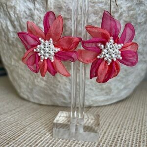 Pink and Red Floral Earrings with Pearl Accents, NWT
